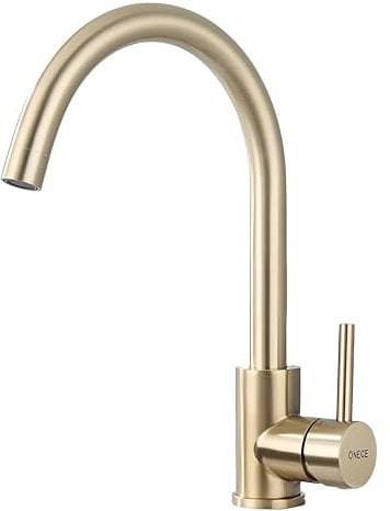 ONECE Robinet Cuisine Rotatif à 360°, Mitigeur Évier Monocommande, Chaude et Froide Réglable, Robinetterie Anti-calcaire, Aérateur Démontable, Doré