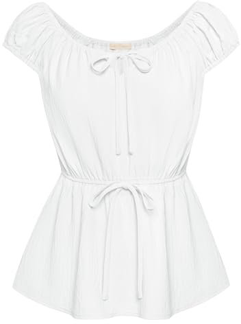 Belle Poque Damen Elegant Bluse Vintage U Ausschnitt Einfarbig Cap Hülse Oberteile Weiß L