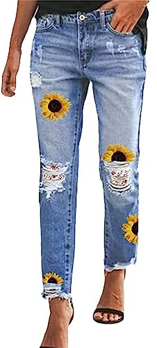 biJerou Hohe Taille Jeanshosen Damen Stretch Mit Applikationen -Jeans Distressed-Saum Jeanshosen Mit Geradem Bein Und Verwaschenem Blau Hose Straight Patchwork Denim-Hose