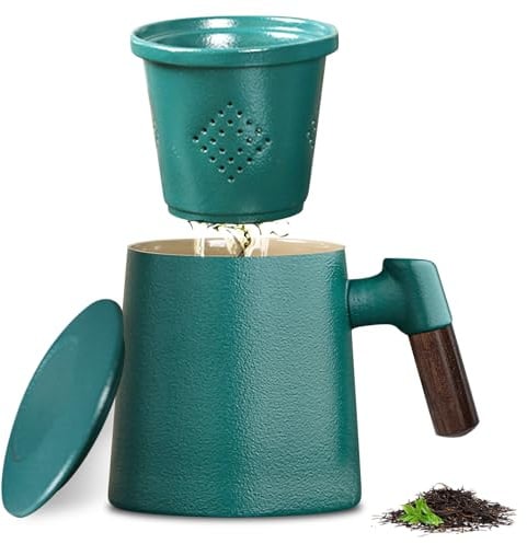 Teetasse Mit Teesieb Und Deckel, 400ml Teetasse Mit Deckel Und Sieb, Holzgriff Teebecher, Matte Keramik Teetassen, Teetasse Mit Sieb, Tee Tasse Für Geschenk Zuhause Einweichentee
