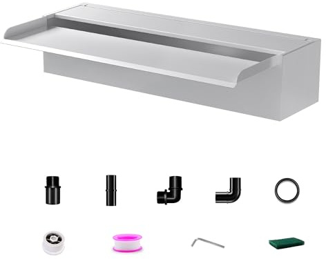LONGRUNNEW 60cm Stainless Steel Pond Waterfall Blade Set,12.2cm wide stainless steel pond fountain with accessories, double inlet design for garden deck pond courtyard