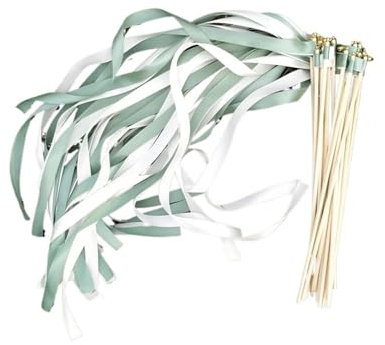 SynapSYA Wedding Wands Hochzeitsband-Zauberstäbe Twirling Streamers mit Glöckchen für Hochzeitsfeier, Weiß und Grün, 50 Stück (Hochzeitsdeko, Gastgeschenke)
