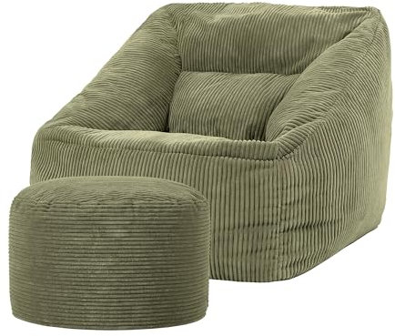 Icon Natalia Sitzsack Sessel mit Hocker für Erwachsene, Salbeigrün, Flauschiger Cord Stoff, Riesen Sitzsack Cord mit Füllung, Bean Bag Chair, Bequemer Sessel Wohnzimmer, Lounge, Schlafzimmer, Büro