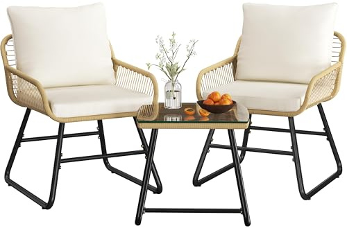 Yaheetech 3 Pieces Bistro Set, PE Wicker Chairs & Glass Table, Tan/Cream