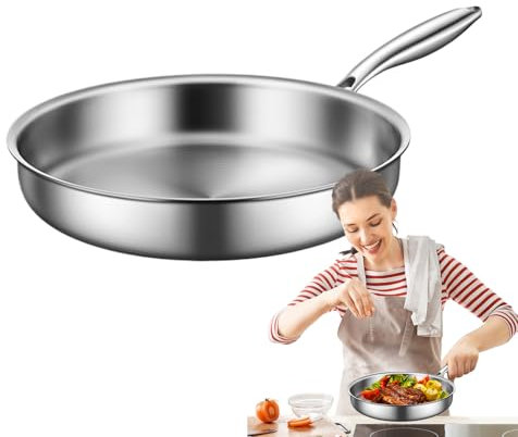 Sartén de acero inoxidable, sartén profesional antiadherente con mango antideslizante, versátil para freír wok y salsa para tortillas, panqueques, filetes, apta para lavavajillas, lista para inducción