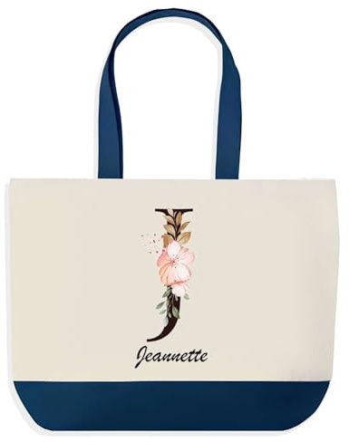 Planetee Sac de Shopping Bleu Jeannette Lettre Fleur | Idée Cadeau Collègue Noël Anniversaire | Grand Sac de Course Provision