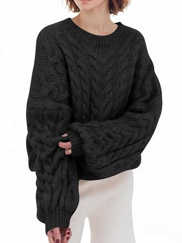 Saodimallsu Jersey para mujer, cuello redondo, manga larga, diseño trenzado, punto grueso, monocolor, informal, para invierno