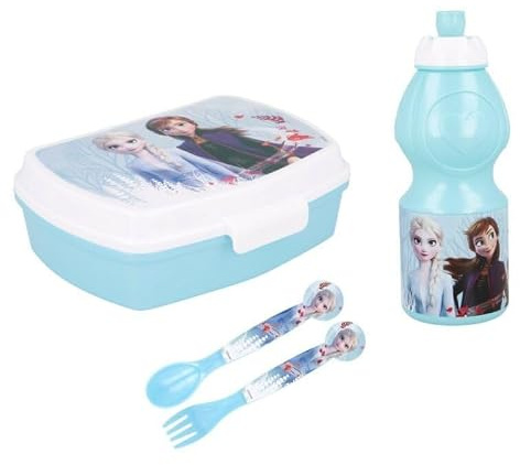 Disney Die Eiskönigin Anna & ELSA Kinder 4-teiliges Set Brotdose + Trinkflasche + Löffel + Gabel