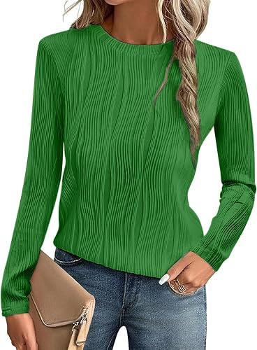 OOHOKAY Women's Long Sleeve Tops Textured Casual Round Neck Blouse Solid Basic T-Shirts(Green-p3,M)