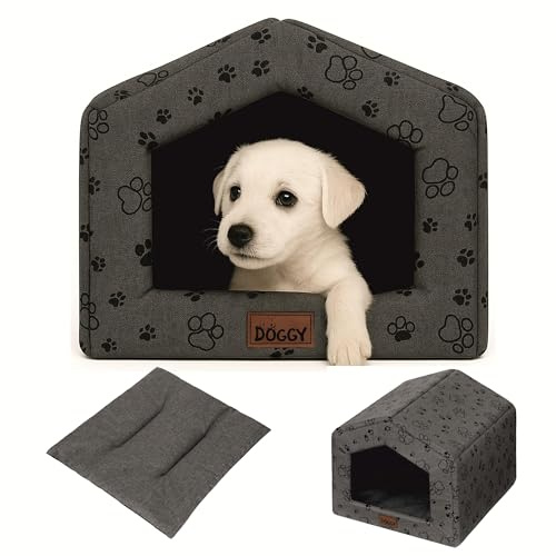 PillowPrim Hundehütte Katzenhaus mit Abnehmbarem Kissen - Wasserdicht Wetterfester - Haustierhaus Warmes Und Gemütliches - Hundebett mit Dach - 45x49 cm - Graphit mit Pfoten
