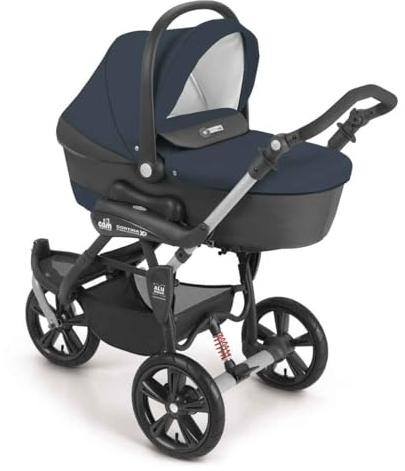 Cortina X3 tris 3in1 Kinderwagen Blau | 3in1 Kombi-Kinderwagen mit Babyschale, i-Size Norm, Luftreifen, Book-Faltsystem, Fußsack und Wickeltasche bis 36 Monate.