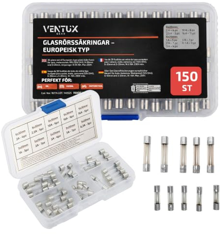 Glassäkring 150-pack 5x20 6x30 mm – europeisk typ 12V 24V kit | För bil motorcykel och båt – Snabb utlösning – Förvaringsask med fack – Vanliga amperevärden – Reserv för elsystemet