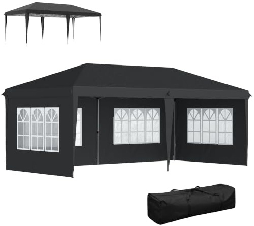 Outsunny Tonnelle de Jardin Extérieure Pop-Up Pliante Barnum 3 x 6 m Noir | Tente de Réception, Pavillon Chapiteau Barnum, 3 Cotés Démontables, Piquets d'Ancrage au Sol, Sac de Transport Inclus