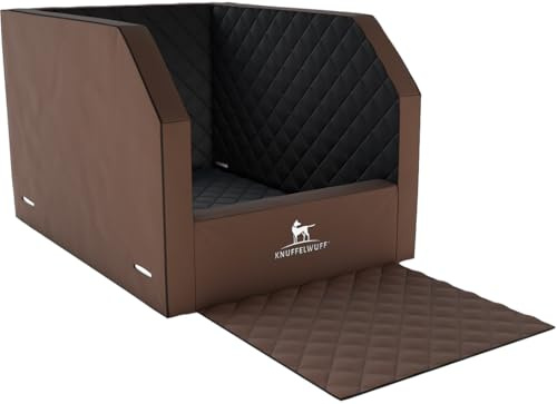 Knuffelwuff Cargo Hunde Transportbox fürs Auto Rücksitz 60 x 50 x 50 cm Braun/Schwarz | Memory Foam Liegefläche | Hohe Schutzwände | Abnehmbarer Bezug & Kunstleder abwischbar | Gurtsystem kompatibel