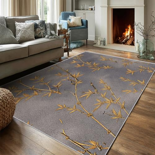 VIXENIUM Teppich Japanisch Wohnzimmer 160 x 230 cm Mit Gold Blätter Muster, Japanisch Schlafzimmer Deko Bettvorleger, Kurzflor rutschfest Waschbar Teppiche Gegend