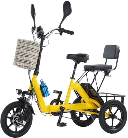 HZWJD Elektrisches Dreirad Mit Herausnehmbarem Lithium-Akku,Fatbike-E-Trike,Faltbares Dreirad-E-Trike Mit 10.4-Ah-Akku,Geeignet Für Eltern Und Erwachsene Yellow 10.4AH