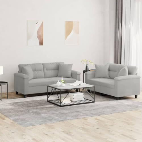 Traylux 2-TLG. Couchgarnitur mit Kissen in Hellgrau Mikrofasergewebe 2-Sitzer Sofa mit Stauraum und Relaxfunktion für Wohnzimmer, Gästezimmer oder Büro, langlebiges Polstermöbel