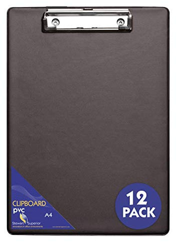 SECO Stewart Superior A4+ PVC beschichtetes Klemmbrett mit Hochleistungsklammer - Schwarz (12er Pack)