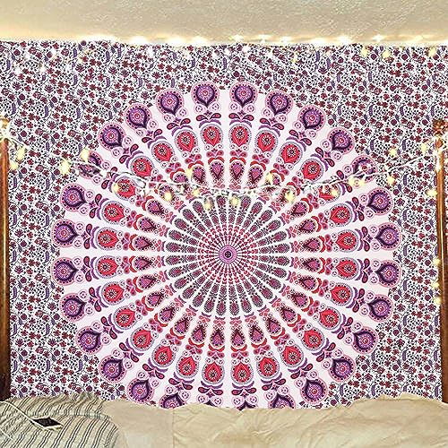 Bless International Indian hippie Bohemian Psychedelic Peacock Mandala Wall hanging Bedding Tapestry (Pink Blue, King (88x104Inches)(225x265Cms))