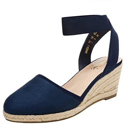 DREAM PAIRS Alpargatas con Punta Abierta para Mujer, Elegantes Sandalias sin Cordones con Plataforma, Correas elásticas en el Tobillo, Sandalias con tacón de cuña,Size 40.5,Armada,Amanda-1