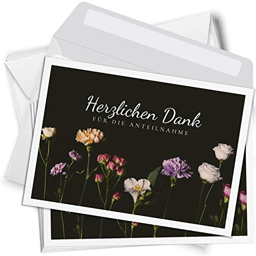 Trauer Danksagungskarten mit Umschlag | Motiv: Blumen schlicht, 10 Stück | Dankeskarten DIN A6 Set | Trauerkarten Danksagung Danke sagen