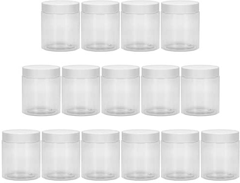 Yishik 15 Pack 8oz Round Plastic Jars with Screw White Lids,Refillable 250ml PET Clear Storage Jars for Slime Making,Cosmetic,DIY Crafts,Kitchen Storage(40 labels as gift)