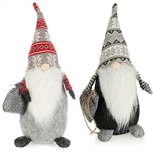 com-four® 2X Premium Weihnachts-Wichtel - Zwerge als winterliche Dekoartikel - schwedische Kantenhocker mit Strickmütze - skandinavisches Wichtelpaar (2 Figuren grau rot 40cm)