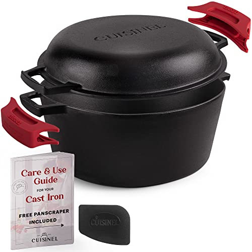 Cuisinel Gusseisen-Dutch Oven 7 Quart – voreingebrannter 2-in-1 tiefer Topf Multi-Kocher – Kombi-Deckel dient auch als 30,5 cm Bratpfanne + Silikon-Griffabdeckungen + Schaber/Reiniger – Indoor/Outdoor