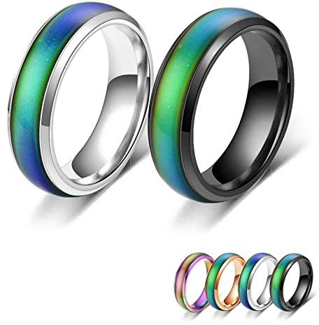 Bymivofun 2 Stück Stimmungsringe, Temperatur Emotion Ring, Edelstahl Farbwechsel Stimmung, für Freund Freundin Tägliche Party Geburtstag Valentinstag Jubiläum (Schwarz, Silber, 58 (18.8))