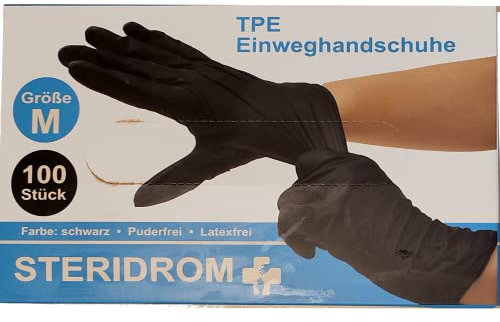 Party Nation 100 Stück TPE Steridrom Einweghandschuhe Größe L Naturkautschuk Schwarz Puderfrei Latexfrei (Medium)