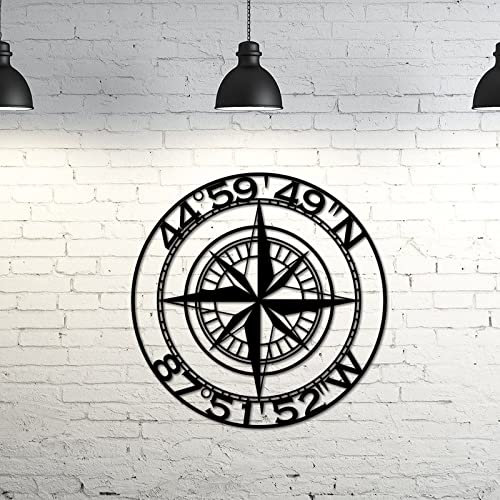Koordinaten Kompass Stern, Familienname, Metallkunst, personalisiertes Kompass-Metallschild, nautische Dekoration, personalisiertes Schild, Geschenk für Vater, Heimdekoration, 61 cm