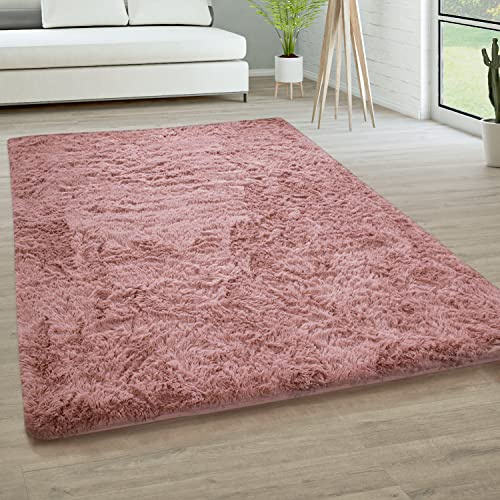 Paco Home Hochflor Teppich Wohnzimmer rutschfest Fellteppich Shaggy Flauschig Weich Modern Kunstfell Fell Imitat Einfarbig, Grösse:160x220 cm, Farbe:Dunkel Rosa