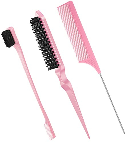 Fuyamp 3 Packs Slick Brush Set,Plastic Bristle Teasing Comb Edge Hair Brush | Teasing Brush Set Grooming Combs Sturdy Rat Tail Double Sided for Women Hair Salon Slicking