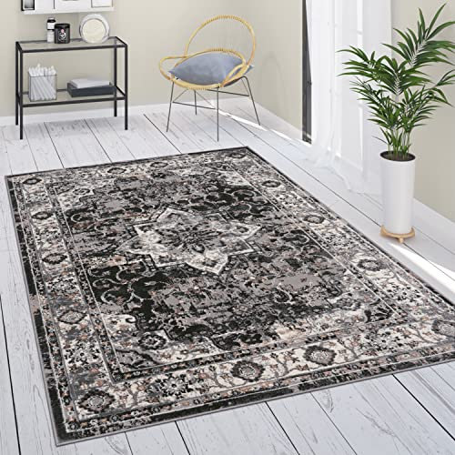 Paco Home Teppich Wohnzimmer Schlafzimmer Kurzflor Vintage Optik Orientalisch Moderne Ornamente Mandala Stil Bordüre, Grösse:120x160 cm, Farbe:Schwarz 5