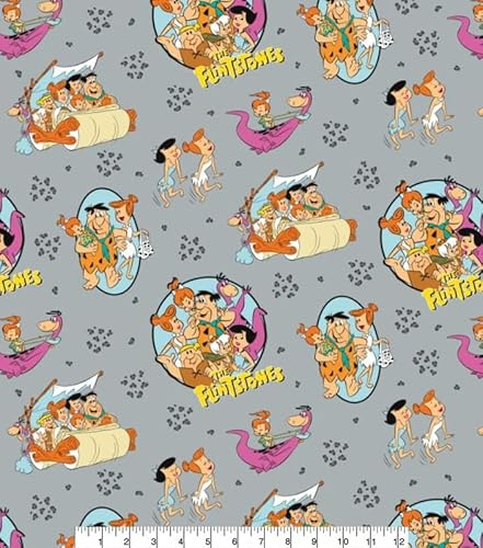 Flintstones Family Pebbles Cartoon Charaktere Baumwollstoff Meterware Grau (100% Baumwolle, echter Lizenzstoff, ideal zum Basteln, Quilten, Nähen)