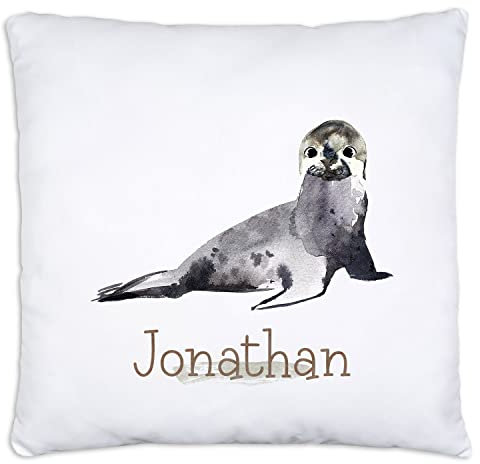 timalo® Cooles Kissen mit Namen | personalisiertes Dekokissen mit Wunschname Kopfkissen Deko für Kinder individuelles Geschenk Namenskissen Robbe Seehund | kissen-t2-45