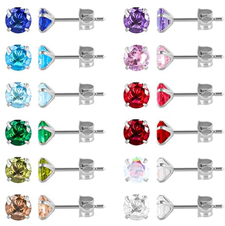 Lot de 12 paires de boucles d'oreilles à tige en acier inoxydable chirurgical plaqué or 18 carats avec pierre de naissance en forme d'étoile, de cœur, Acier inoxydable, Zircone cubique