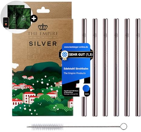 The Empire Products® [+ EBOOK] Wiederverwendbare Edelstahl Strohhalme silber - 15cm kurze Metall Trinkhalme - extra breit - 6er Set + Reinigungsbürste