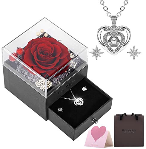 Sosayet Ewige Echte Rose mit Halskette und Ohrringe, Handgefertigte konservierte Rosen, Echte Rose Schmuck Geschenkbox Geschenke für Frauen für Valentinstag Muttertag, Geburtstag Geschenk für sie
