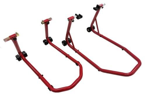 Paar Ständer Erhöhungen Motorrad Paddock Garage Vorne und Hinten Verstellbar Kegel + Platten Farbe Rot mit Rädern