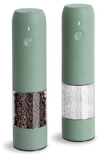 TLYSXPRO Salz und Pfeffermühle Elektrisch 2er Set, USB Wiederaufladbar, Einstellbarer Grobheit Gewürzmühle, Pfeffermühle Elektrische mit LED-Licht, Reinigungsbürste, Küchengeräte, Salbeigrün