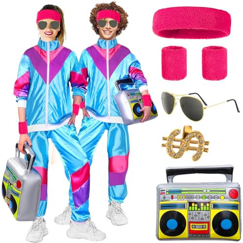 Boyigog 80er Jahre Muschel Anzug Kostüm für Erwachsene Männer Frauen, Disco Fancy Kleid Inklusive Tracksuit Stirnband Armbänder Brille Ring Aufblasbares Radio