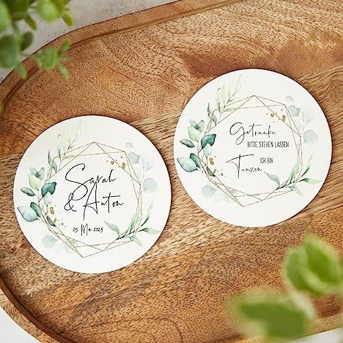 Bierdeckel Hochzeit personalisiert Botanical Eukalyptus in grün & Gold Hochzeit Polterabend JGA Junggesellenabschied Glas-Untersetzer mit Namen & Hochzeitsdatum 50 Stück (Eukalyptus mit Goldrand)
