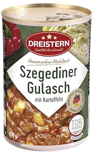 DREISTERN Szegediner Gulasch 400g I Mit Kartoffeln & Sauerkraut I Herzhaftes Fertiggericht in recyclebarer Konservendose I Lange Haltbarkeit dank natürlicher Konservierung I Hausmacher Qualität