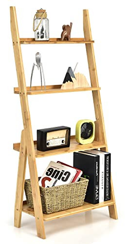 COSTWAY 4/5-Tier Ladder Shelf, Bamboo Storage Bookshelf with Safe Round Corners, Freestanding Display Bookcase Rack Shelving Unit for Living Room, Bedroom and Office (Natural, 4-Tier)