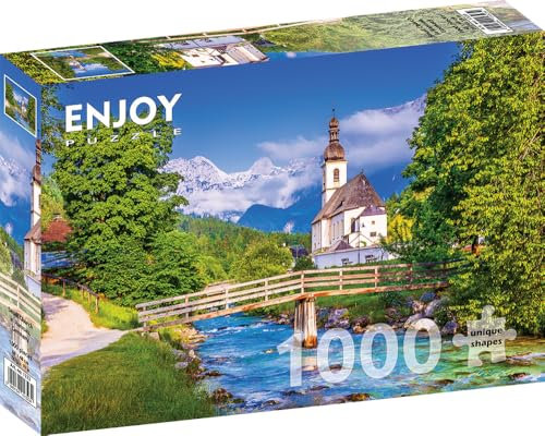 1000 Pieces Jigsaw Puzzle for Adults – Matte Finish, Soft Touch, Sturdy and Unique Pieces, Tight Fit, Vivid Colors, Missing Pieces Service – River Landscape with Picturesque Church – by ENJOY Puzzle