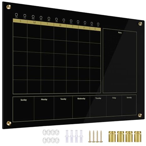 Marribol Whiteboard aus schwarzem Glas, 3-1 Monatskalender, trocken abwischbar, für Wand, 61 x 91,4 cm, rahmenlose Montage, Büro/Schule/Zuhause, rahmenloser großer Planer, Whiteboard