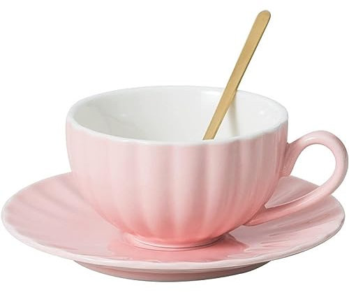 FülleMore Keramik Kaffeebecher Set,230ml Cappuccinotassen Set,Kaffeetasse mit Untertasse und Löffel Porzellantasse Kaffeeservice Espressotasse für Café Zuhause Büro Party Hochzeit (Rosa)