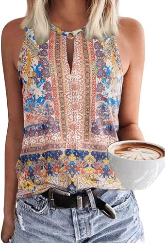 Tanmolo Damen Tank Top Ärmellos Oberteile Sommer Tanktops V-Ausschnitt Blusentop Strand Sexy Vest Top Bluse Boho, M