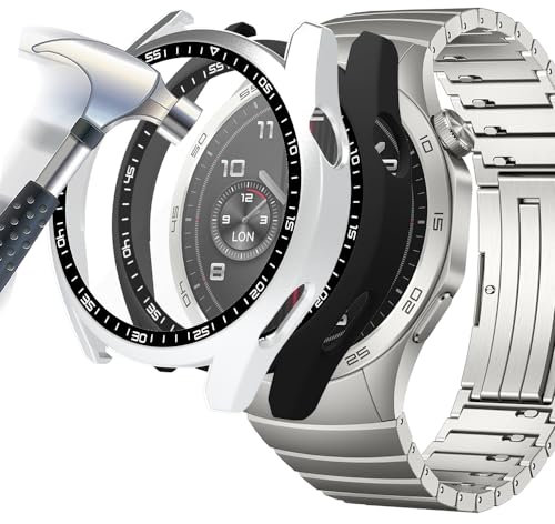 Acadeny Funda con Vidrio Templado Compatible con Huawei watch GT4 46mm, [Cubierta Completa] PC Case y Protector de Pantalla para -negro+Plata